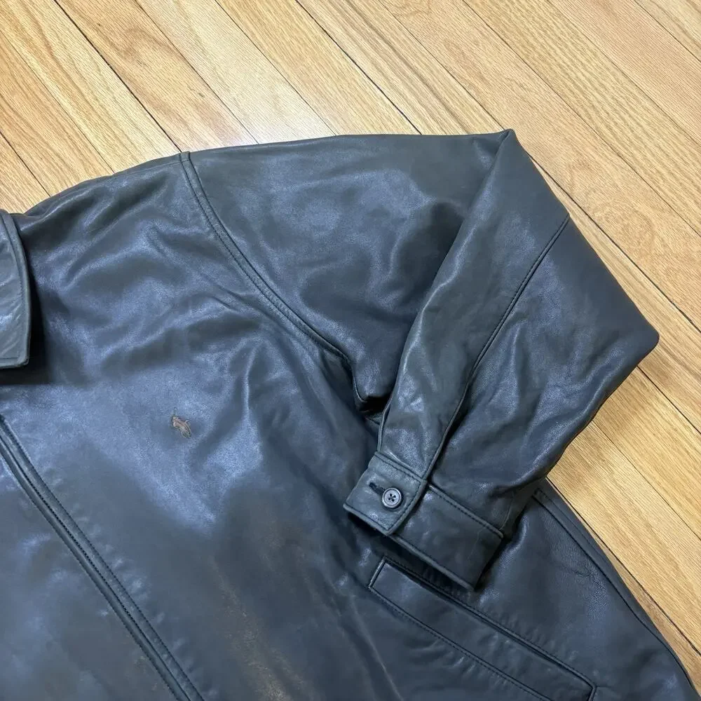 Polo Ralph Lauren Leather Jacket Men’s Size L Zip Front Plaid Lined *Flaw Read - Picture 5 of 16